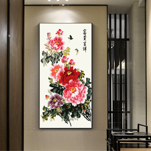 竖版国画牡丹花diy数字，油画新中式花卉，客厅玄关装饰画花开富贵