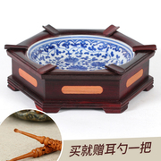 创意紫檀工艺品烟缸 古典个性六角青花瓷红木中式烟灰缸木 大小号