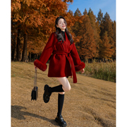 新年红色100%羊毛，大衣女冬季高端富家，千金毛毛袖口双面毛呢外套