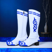 女士蒙古靴成人儿童定制民族，白蓝色(白蓝色)中长高筒舞蹈靴子软平底翘头鞋