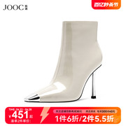 JOOC玖诗短靴女2024金属小方头细跟短靴气质真皮时装女鞋7063