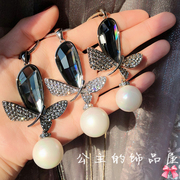 欧比雅比 秋冬优雅气质韩版水晶镶钻蝴蝶 珍珠长款项链毛衣链