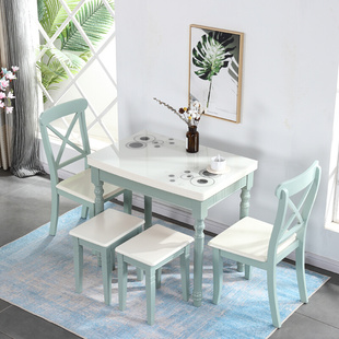 实木餐桌椅组合多功能地中海风格餐桌，可伸缩小户型折叠桌家用4人