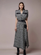高级感气质套装裙越南设计师黑灰色时尚收腰上衣拼皮高腰半身裙