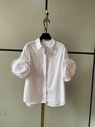 设计感纯棉手工立体花朵玫瑰系列白色短袖衬衫百搭通勤衬衣上衣女