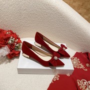 中式红色秀禾服新娘鞋珍珠不累脚，蝴蝶结孕妇敬酒结婚鞋粗跟单鞋女