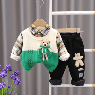 童装男宝宝秋冬三件套装洋气，0-1-2-3岁婴儿加绒男童，薄绒冬装卫衣4