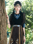 民族风改良汉服T恤女装夏季新中式马面裙搭配的重工刺绣黑色上衣