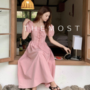 粉色方领泡泡袖修身遮肚连衣裙女夏季法式复古系带设计感公主裙子