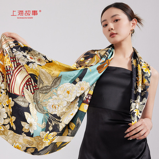 同款上海故事冬季真丝丝巾，花罗提花真丝，披肩母亲节礼物