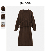 gcrues褛空两件套毛织中长款连衣裙套装，女秋冬显瘦遮肉小众设计感