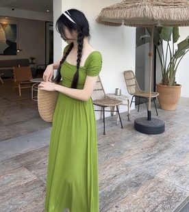 mimodk青芥末修身绿色针织，长裙显瘦气质，度假风连衣裙芭蕾风