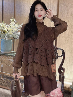中国风复古雪纺衫女士套头，立领中长款纯色长袖，遮肚叠穿上衣假两件