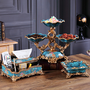 美式复古蓝客厅电视柜花瓶插花欧式多功能分格干果盘家用装饰套装