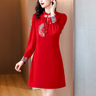 红色唐装民族风中年妈妈连衣裙，气质女盘扣，刺绣中国风旗袍长袖裙子