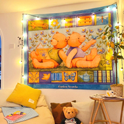 马吉吉 复古美式温馨泰迪熊装饰挂布INS儿童房卧室床头背景布挂毯