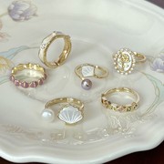 复古法式珍珠贝母戒指小众设计扇贝玫瑰花开口戒气质百搭叠戴戒子