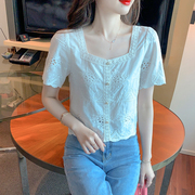 蕾丝短袖白色衬衫雪纺衫女2023年夏季方(夏季方)领上衣服短款正肩t恤
