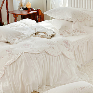 法式轻奢白色100全棉床上四件套纯棉公主风蕾丝刺绣被套床裙款ins
