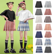2021韩版夏季女童基本款百褶半身裙女大童亲子，百搭苏格兰格子短裙
