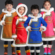 儿童蒙古袍棉衣秋冬加绒厚鹿皮绒男女童蒙古族日常生活长袍演出服