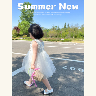 SASA的丸子妹女童裙子夏季薄款珍珠领无袖欧根宝宝纱裙儿童连衣裙