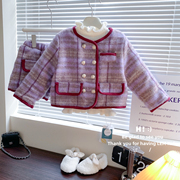 韩国童装2023冬季女童，洋气双排扣紫色毛呢加厚外套短裤二件套