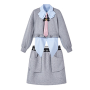 d3e19春季灰色棉质运动套装，女半身裙子，长袖学生设计感两件套