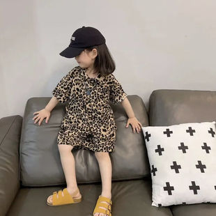 韩国女童衬衫豹纹两件套儿童，夏装套装2024男孩宝宝夏季衣服潮