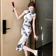 新中式连衣裙女夏高级感复古印花国风抽绳改良年轻款少女短袖旗袍