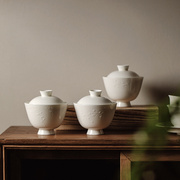 夏禾茶具白玉瓷泥雕刻单盖碗岁寒三友中式文人手工浮雕泡茶杯家用