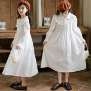 秋季女童白色文艺长款连衣裙，童装淑女渡假风长裙中大儿童裙子