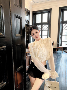 ENJINLI法式浪漫宫廷风褶皱花边设计感喇叭袖衬衣女气质雪纺上衣