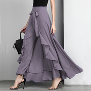 chiffon ruffle tie wide-leg culotte雪纺荷叶边系带阔脚裙裤女