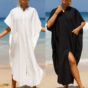 海边度假人棉衬衣式，防晒开衫沙滩罩衫，宽松连衣长裙比基尼泳衣外搭