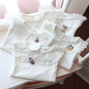 女童打底衫春秋款女宝宝娃娃领白色婴儿翻领长袖，t恤儿童韩版上衣