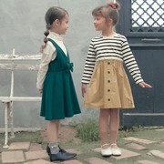 女童条纹拼接连衣裙春装，款日系收腰单排扣长袖，裙子中大童跨境童装