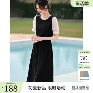 xwi欣未泡泡袖连衣裙女夏季优雅气质收腰显瘦撞色拼接黑色中长裙