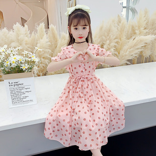 女童雪纺连衣裙2024夏装，韩版儿童洋气时髦娃娃，领波点公主长裙