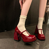 法式红色婚鞋小个子9cm超高跟鞋t字带玛丽珍鞋漆皮防水台单鞋2024
