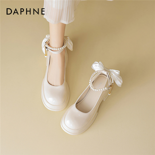 达芙妮玛丽珍女鞋2024夏季厚底白色珍珠蝴蝶结粗跟圆头小皮鞋