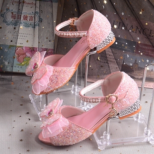 女童凉鞋韩版小公主女孩鱼嘴粉色，水晶鞋子夏季高跟儿童表演鞋
