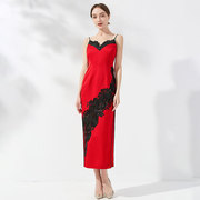 品尚华服真丝红黑撞色蕾丝，吊带裙拼接刺绣，红黑收腰中长款优雅礼服