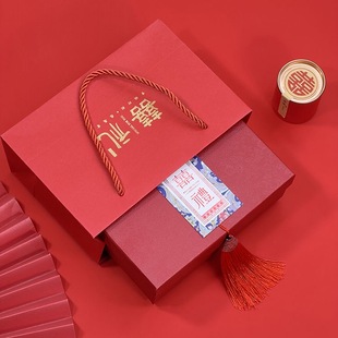 高档中式喜糖盒子红色空盒国风伴手礼盒复古简约婚礼糖盒配手提袋
