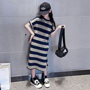 巴克拉中大童女童裙子2024年夏季韩版宽松中长款条纹连衣裙