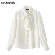 拉夏贝尔/La Chapelle秋季蝴蝶结系带白色衬衫女宽松长袖衬衣