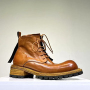 欧美复古原生重水洗马皮，马丁靴男士潮流，耐磨增高方头秋冬短筒靴子