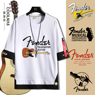 芬达吉他贝斯乐器芬德Fender爵士印花潮流短袖t恤男宽松纯棉潮牌