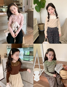 2023秋季童装韩版女童婴童洋气柔软羊绒坑条蕾丝，领打底衫
