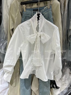 MIDO家 2024韩版温柔风系带白色打底衬衣设计感长袖宽松上衣女